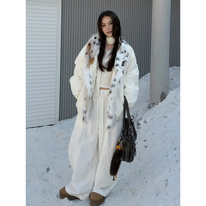 Benuynffy high street leopardo gola de pele algodão-acolchoado jaqueta feminina 2025 outono inverno novo grosso quente moda parkas para mulher