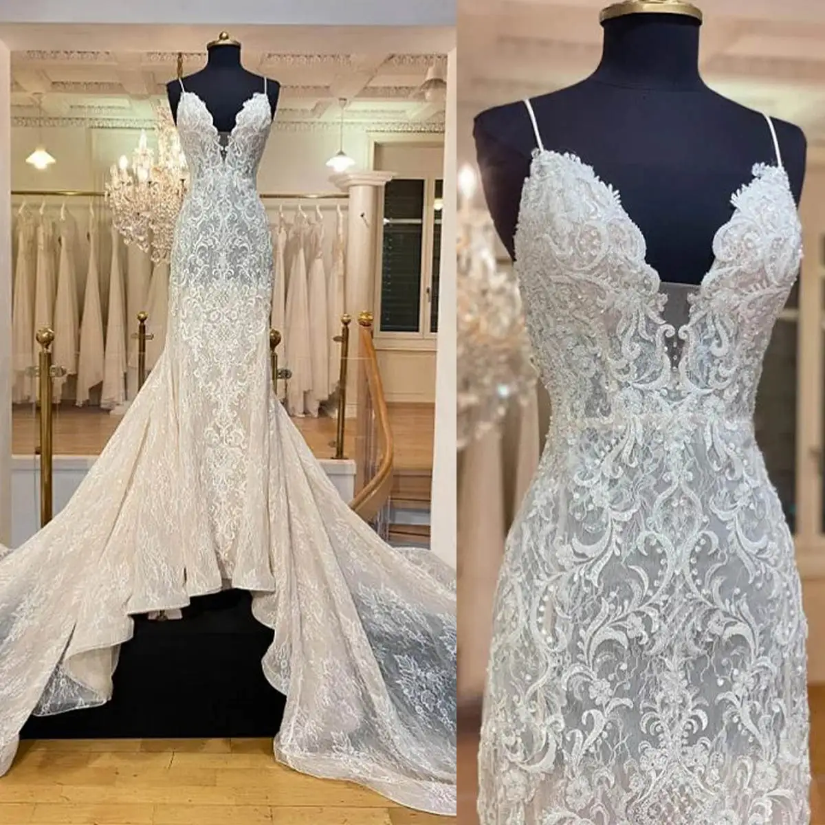 

Gorgeous Appliques Mermaid Wedding Dress Sparkly Beaded Spaghetti Strap Bride Gowns Sleeveless Sweep Train Bridal Dresses