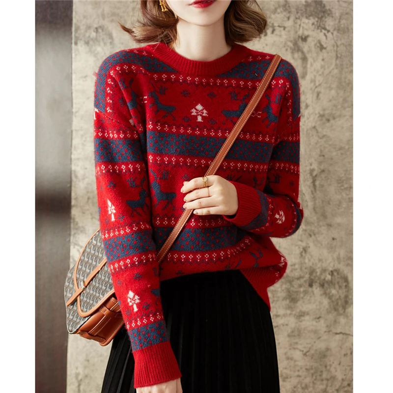 Retro Christmas New Year Elk Jacquard Simple Round Neck Knitted Sweater Women Casual Long Sleeve Slim Pullover Top Female Jumper