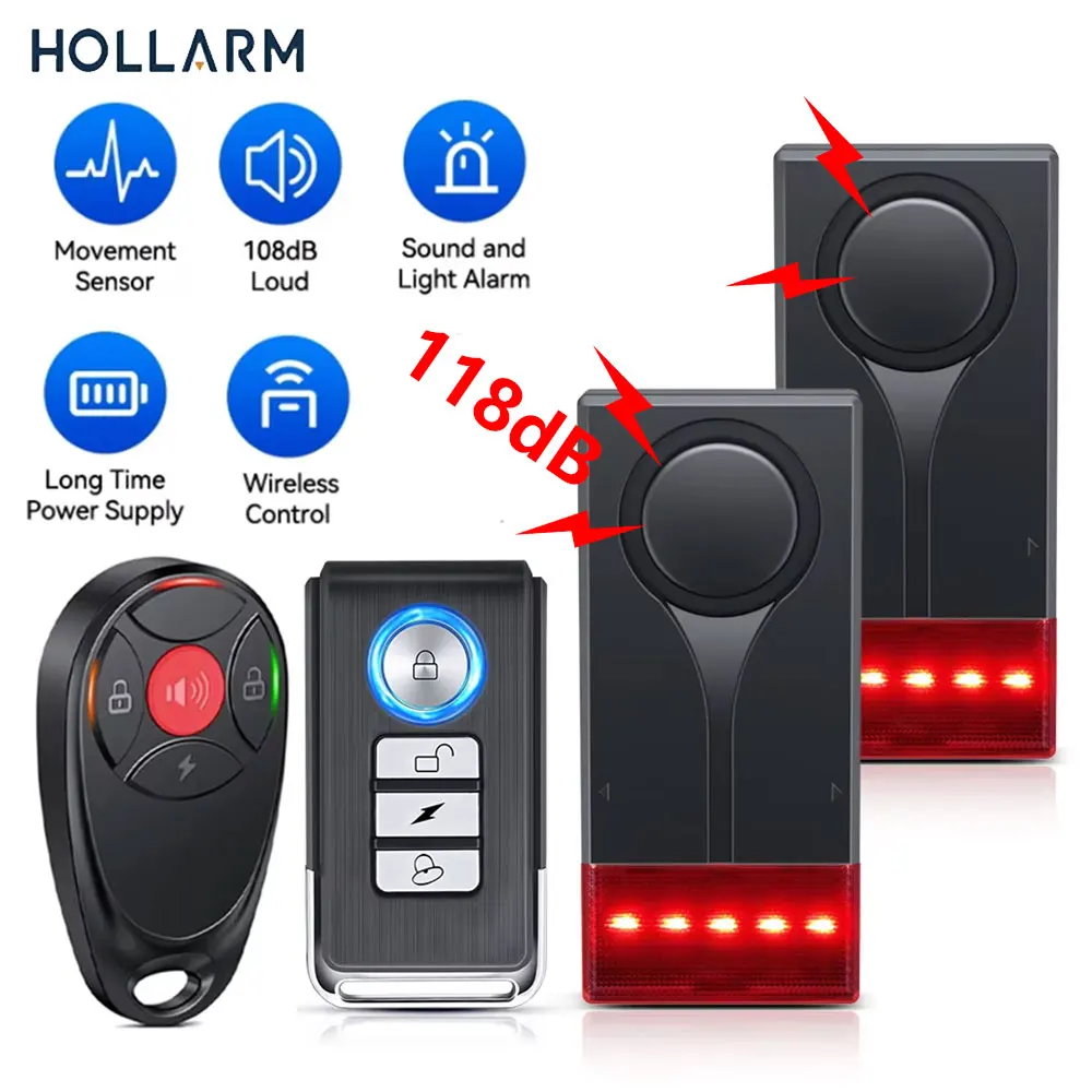 

Hollarm 108dB Loud Car Vibration Sound And Light Alarm Bicycle Anti Theft Alarm Adjustment Door Window Sensor Car Finder