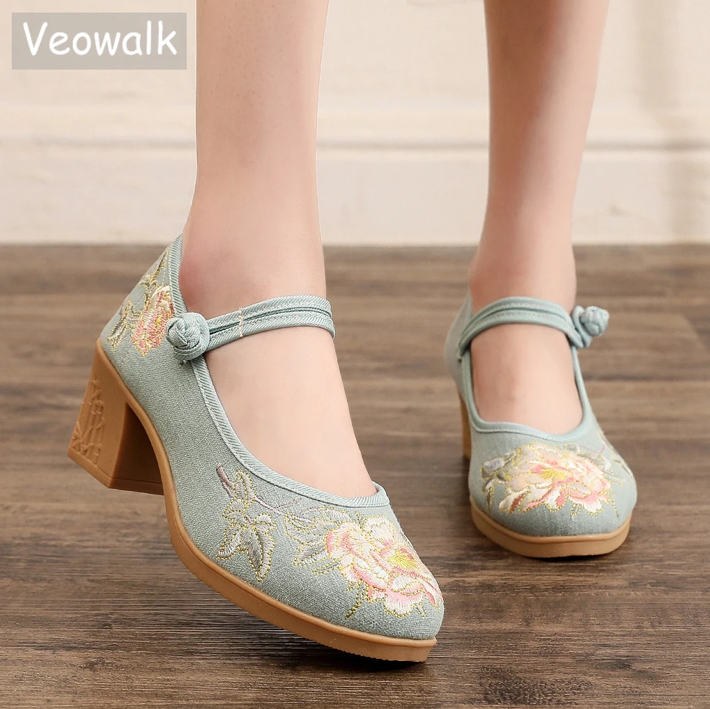 Veowalk-Embroidered High Block Heel Shoes for Women, Elegant Chinese Ladies, Comfortable Mary Jane Costume, Cheongsam Pumps, 5cm