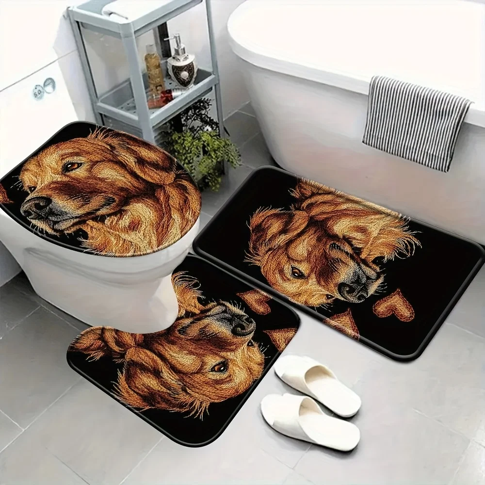 3pcs Golden Retriever Bathroom Set with Toilet Cover, Floor Mat & Door Mat - Soft Flannel Fabric, Golden Retriever Design in Bro