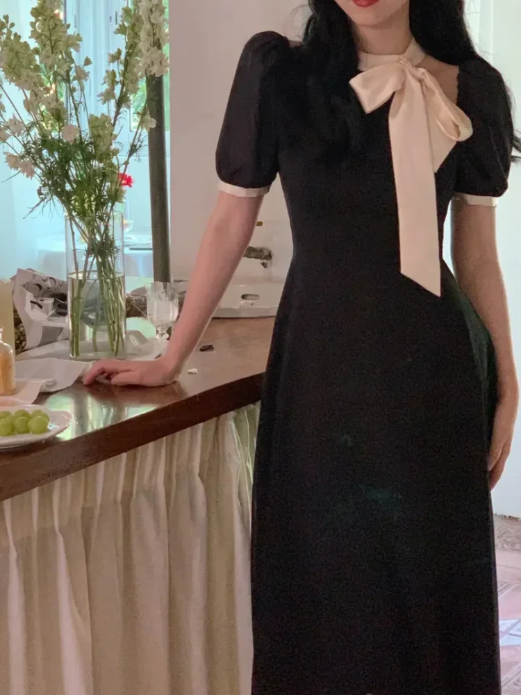 

Summer Elegant Midi Dress Women Casual Short Sleeve Beach Even Party Dress Office Lady Pure Color One Piece Dress Korean