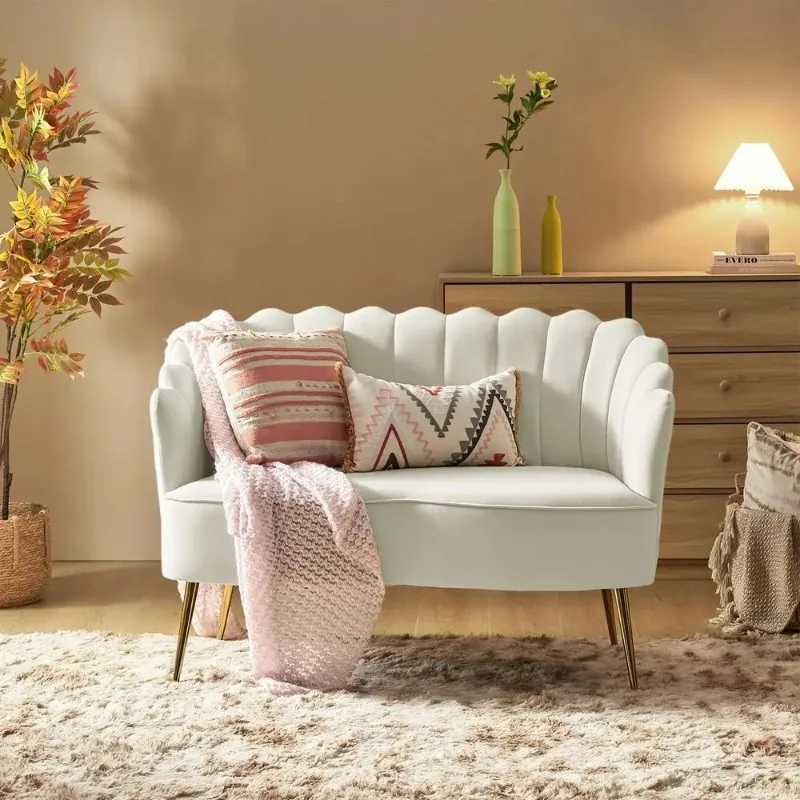 Modern Velvet Loveseat with Flower Shaped Back, Comfy Upholstered 2Seater  with Gold Metal Legs, Small Love Seat Accen