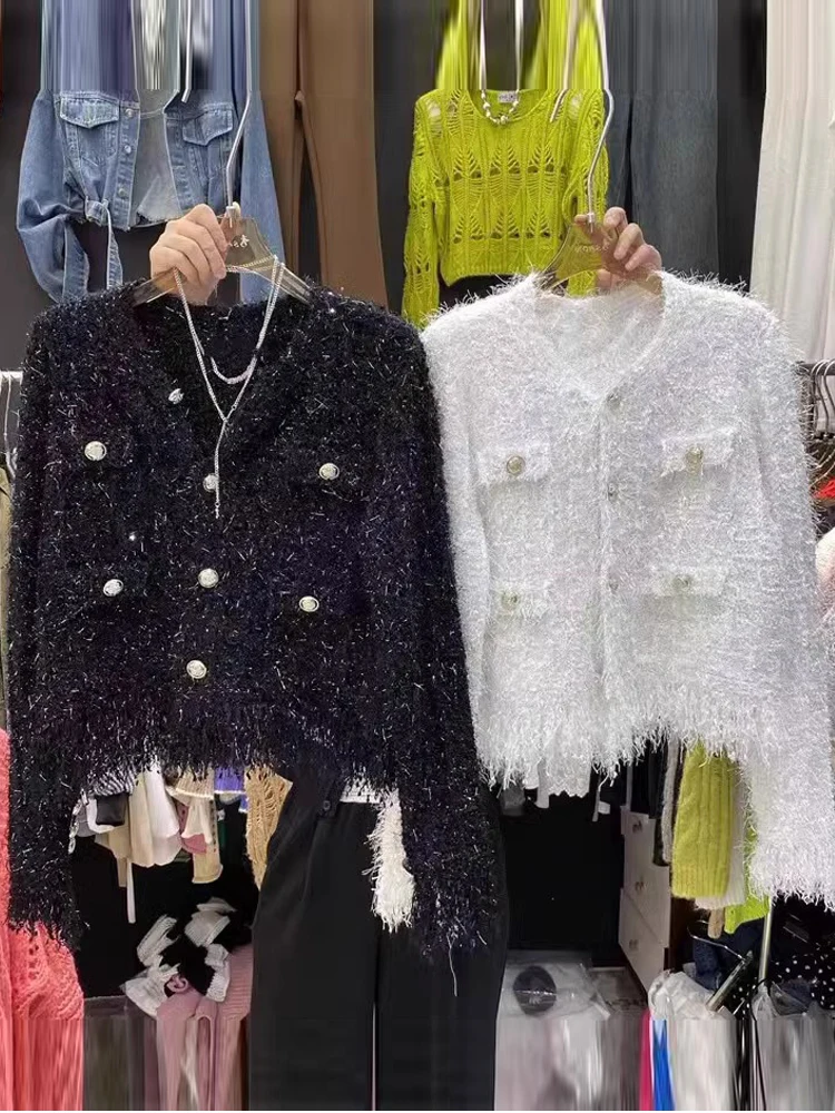 Faionable V-Ne Tassel Bright Tead ort Open Cardigan Sweater Women's Single Button Autumn Winter New Arrival Korean St...