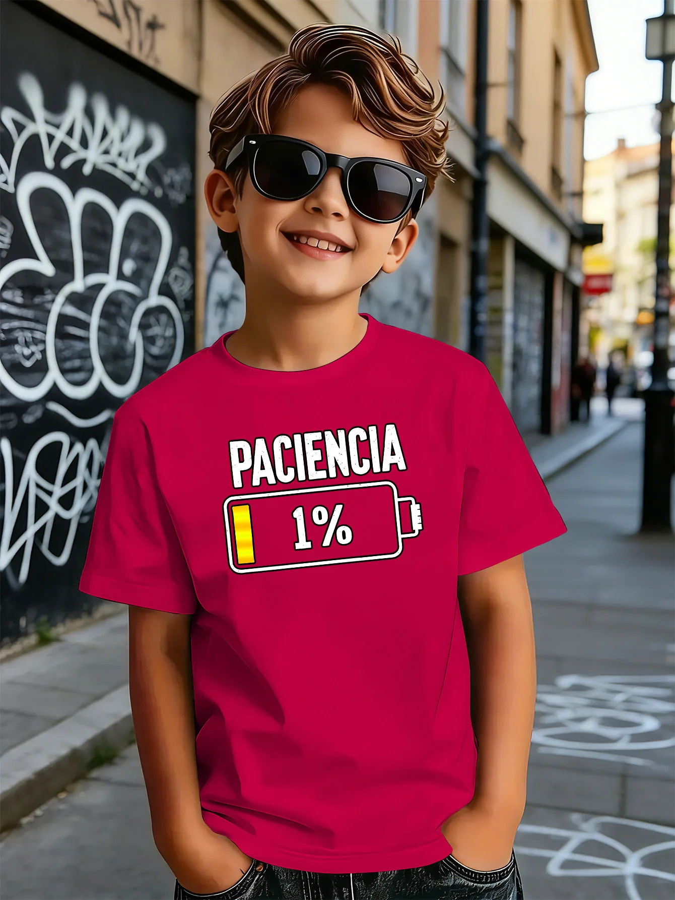 Paciencia 1% Battery Letter Print Kids T Shirt Boys Girls Parent Child Matching Soft Cotton Casual Short Sleeve Basic Daily Tees