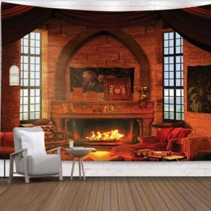 VIKAMA Stone Hearth Fire Burning Horizontal Tapestry Wall Hanging for Home Aesthetic Cozy Chic Elegant Modern Home Decor