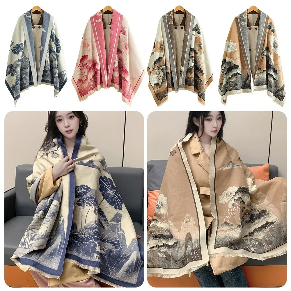 

Chinese Style Imitation Cashmere Scarf Double-sided Ink Painting Theme Pashmina Blanket Warm Thick Poncho Scarves Winter Season