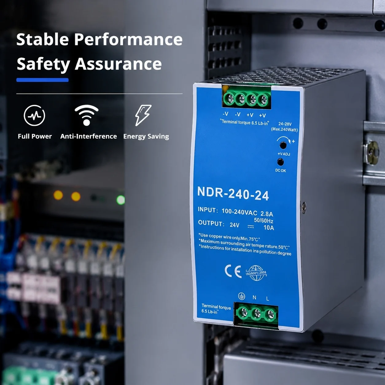 Reliable Switching Power Supply for Security & LED Lighting: 15W–480W, Rail Mount, Short Circuit/Overload/Overvoltage Safe