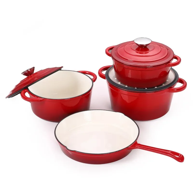 7-Piece Non-Stick Ceramic Coated Cast Iron Pot Enamel Cast Iron Cookware Set Heavy Duty Easy Care Cast Iron Dutch Oven Pot