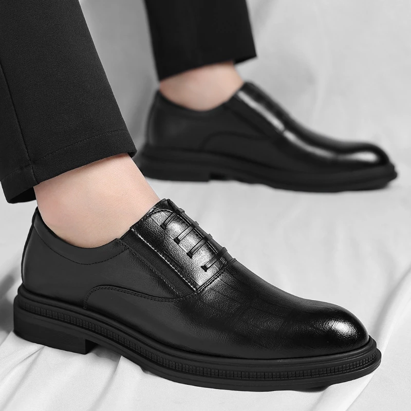 Black Genuine Leather Textured Slip On Formal Business Office Groom Wedding Daily Wear Shoes Fashion Simple Increase Height