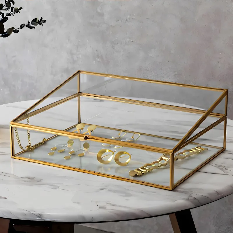 1pc Glass Transparent Jewelry Box Brass with Copper Edges Lockable Storage Case Specimen Collectibles Display Makeup Organizers