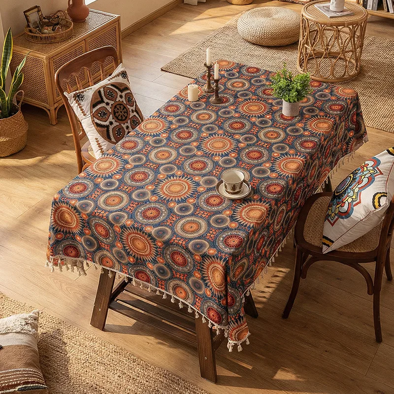 Bohemian Style Printed Tassel Tablecloth Retro Wear-Resistant Dining Table Decoration Multipurpose Dustproof Furniture Protector
