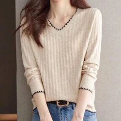 spring autumn new Solid color V-neck Long Sleeve sweater women High street Contrast color Pullovers Striped jacquard weave tops