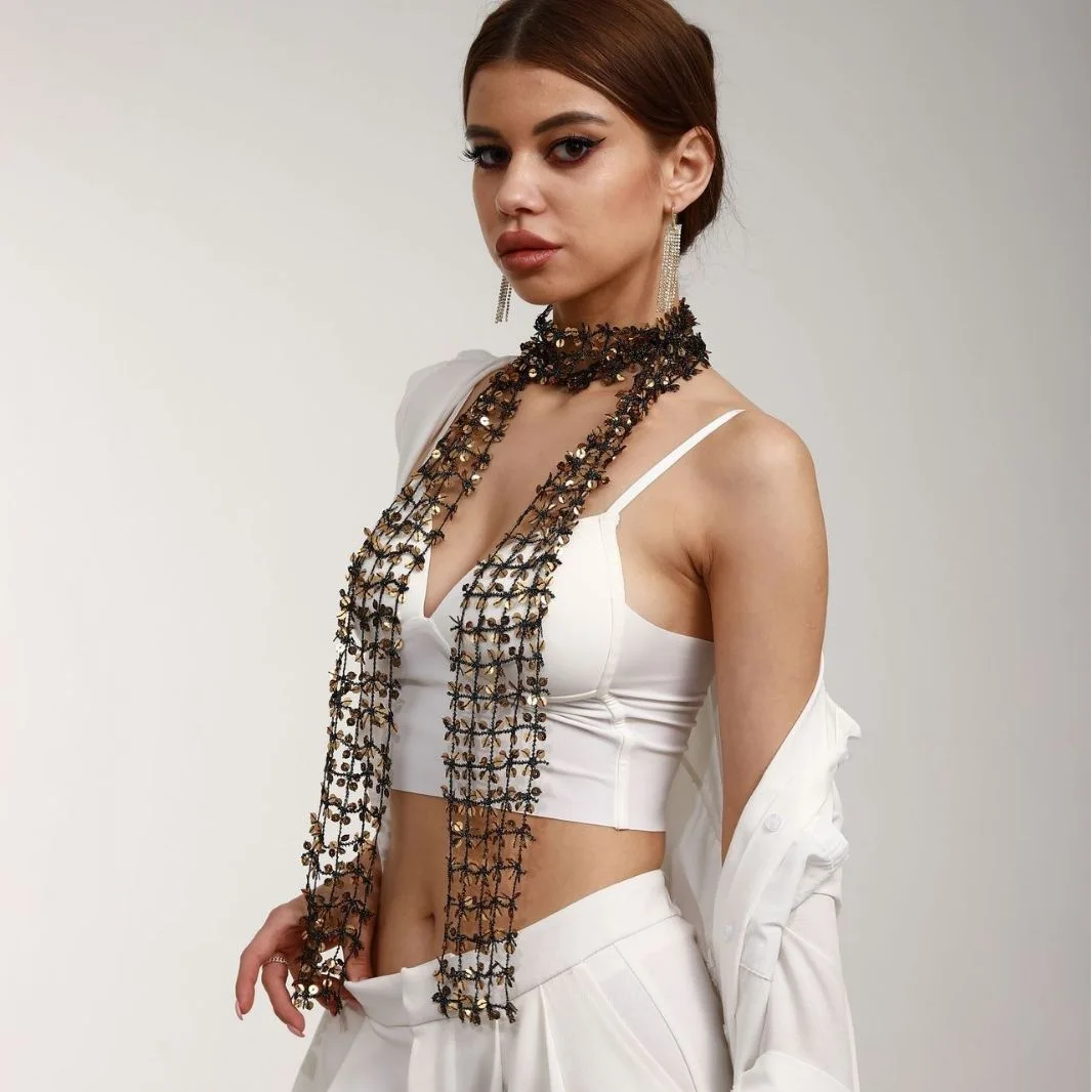 European Fashion Hot Sale Hollow Sequin Versatile Scarf, Amazon Bestseller Street Dance Trendy Neck Scarf Belt Chain