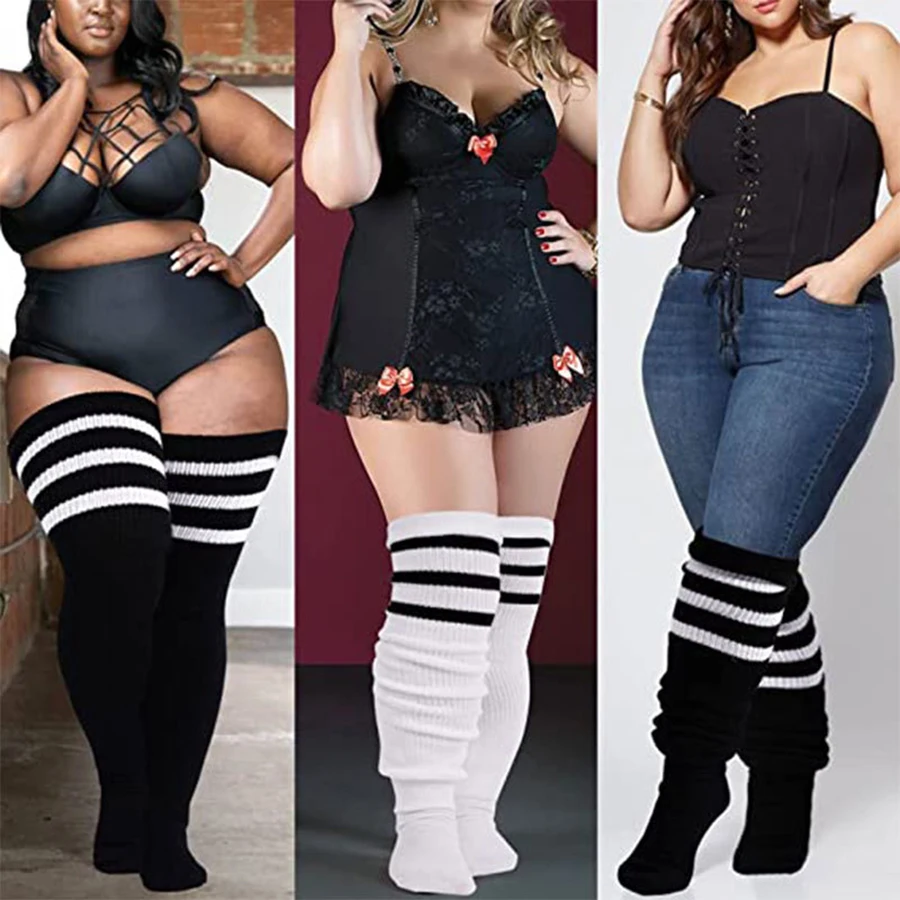 1 [air Plus Size Womens Thigh High Socks for Thick Thighs - Extra Long Striped Thick Over the Knee Socks - Leg Warmer Boot Socks