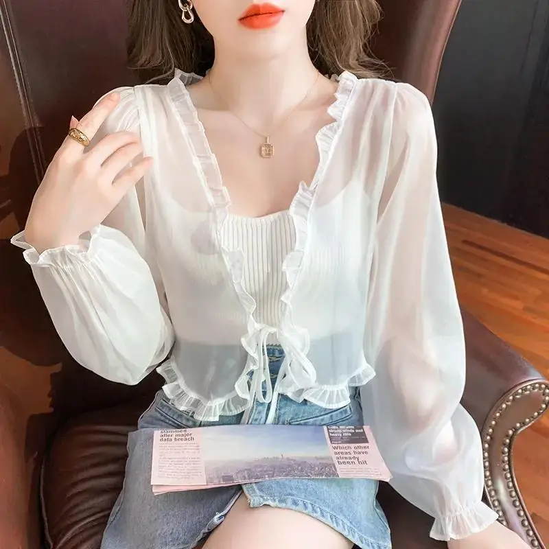 Summer New Chiffon Lacing Short Cardigan Thin Long Sleeve Solid Color Pleated All-match Tops Tees Fashion Casual Women Clothing