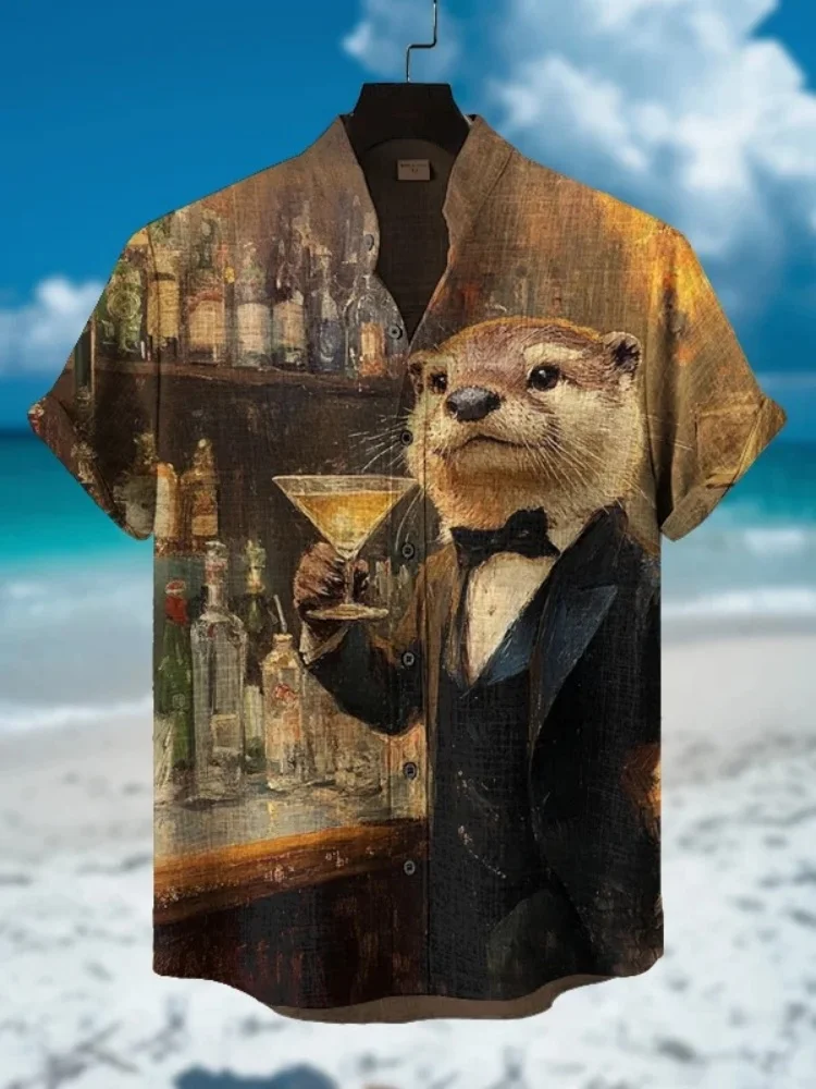 مضحك عطلة قضاعة قمصان مطبوعة الرجال قصيرة الأكمام الوقوف طوق الصيف بلايز عادية فضفاض أزرار الثدي واحدة اليابانية تونك #1