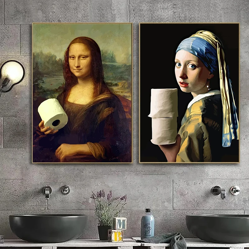 Funny Bathroom Toilet Decoration Painting Mona Lisa Wearing Pearls Girl with Roll Paper Canvas Prints Posters Home Wall Decor