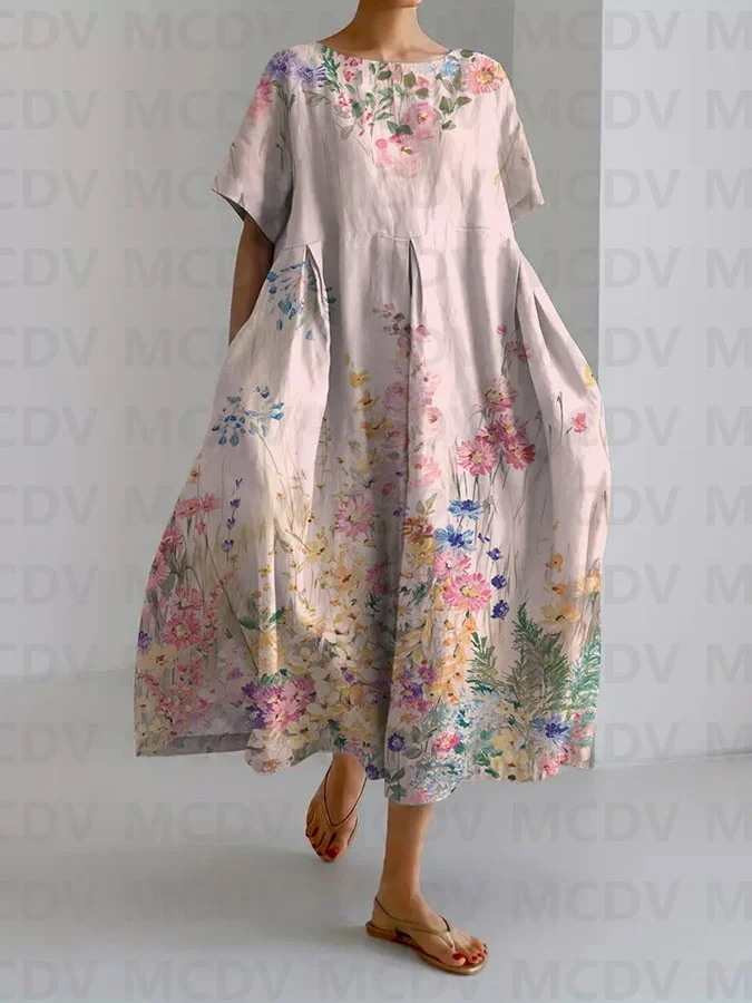 Vestido retrô botânico floral com design estampado feminino, vestido solto casual, vestidos femininos elegantes