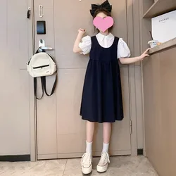 Girl's Bubble Sleeves Turn-down Collar Strap Dress Summer Dress Children Academy Style Fake Two Piece Dress