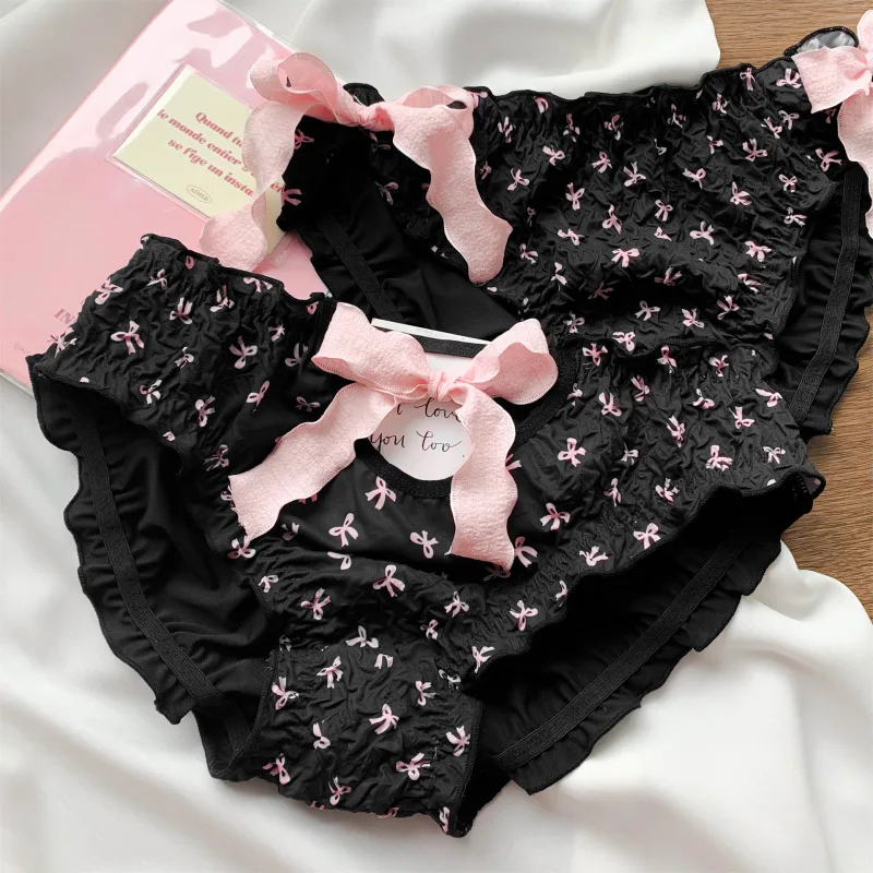 Women Milk Silk Bow Ruffle Fold Underwear Cute Lovely Sweety Panties Princess Style High Stretch Breathable Soft Breifs