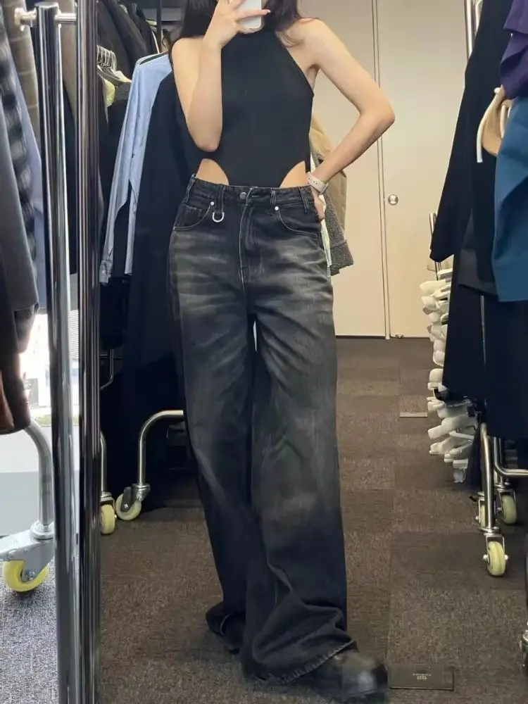 Jean Vintage noir à jambes larges pour femmes, surdimensionné, mode coréenne, Baggy, pantalon en Denim, Grunge Y2k, Hip Hop