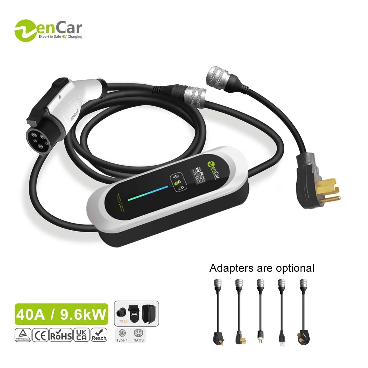 Model E Car Charger with Multi Adapters 40A Zencar 9.6kW Type 1 NACS AC Ev Charger with Replaceable Power Plugs NEMA14-50 5-15