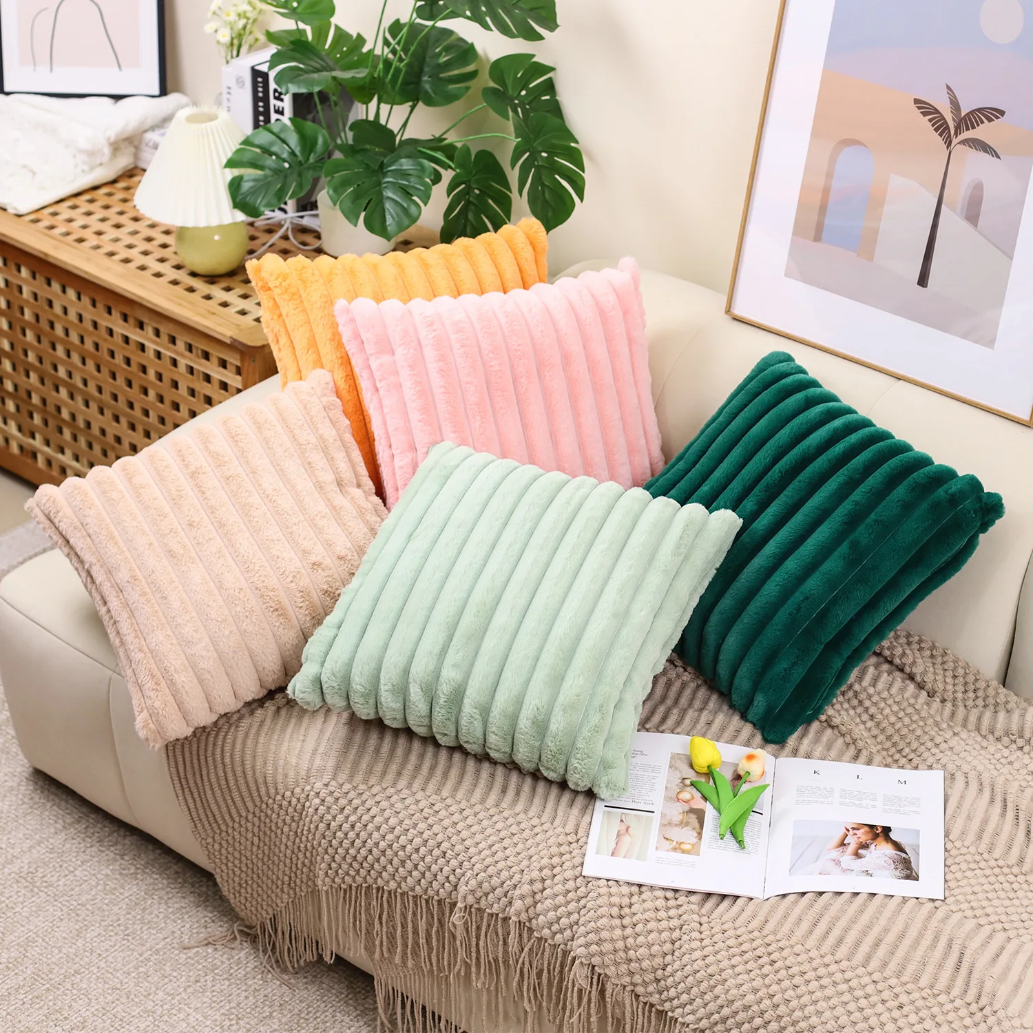 Autumn/Winter Flannel-Style Large Stripe Cuddle Pillow Cover Simple Sofa Pillow Warm Hand Bed Headrest Cushion Cover
