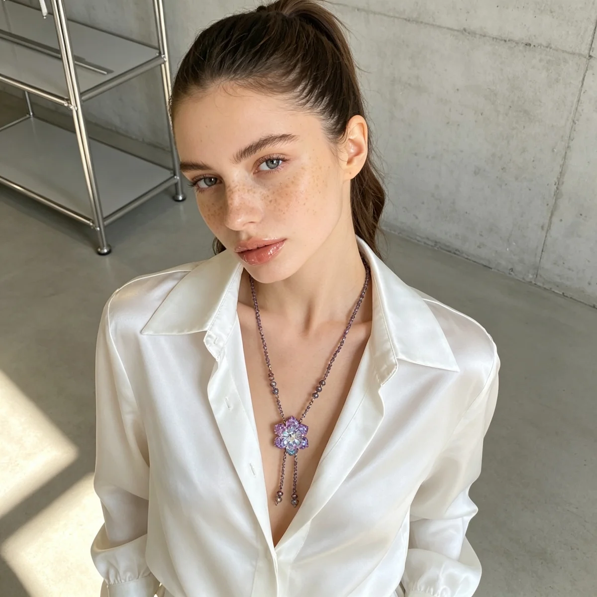 Glänzende lila Kristallblumen-Pulloverkette für Damen und Herren, Vintage-Halskette mit Kordelzug, Perlen, Y-förmiger Quasten-Blumen-Choker-Schmuck – Detail 13