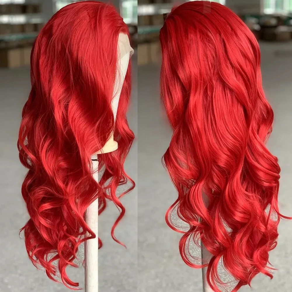 Wig merah panas Wig depan berenda sintetik gelombang tubuh untuk wanita Wig tahan panas siap untuk rambut sintetis Wig renda merah Cosplay