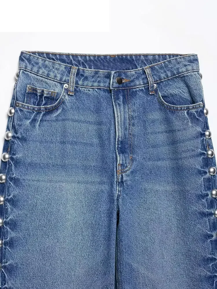 HH Street Fashion Straight With Metal Rivets High Waist Loose Wide-leg Jeans For Women Autumn Versatile Pants Vintage Bottom
