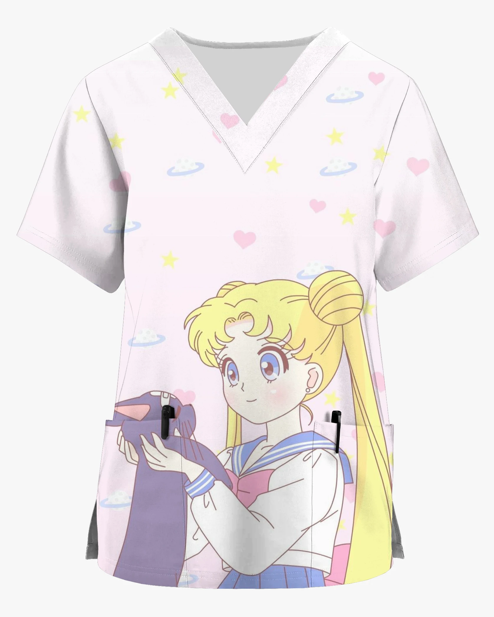 Summer Work Uniform Sailor Moon Anime Print V-Neck Print Scrub Top Nursing Home Pet Shop Dental Ladies Care Clothes