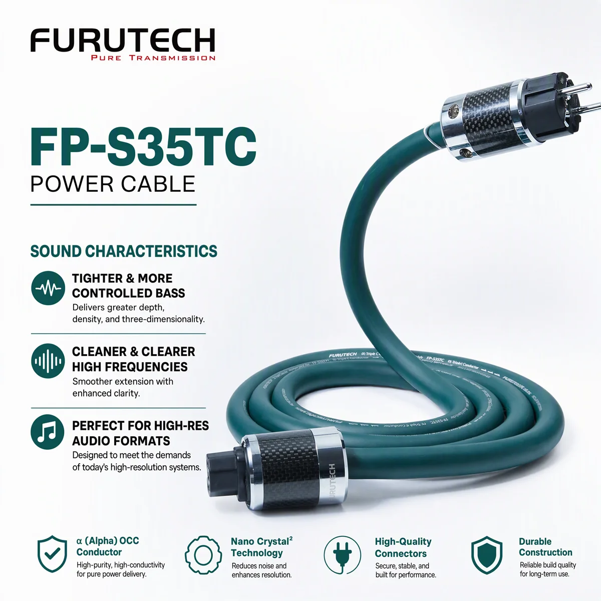 Original Japanese FURUTECH FP-S35TC PC-TripleC HiFi Power Cord Audiophile AC Power Cable EU US Plug for Amplifier DAC CD Player