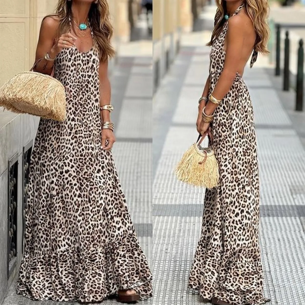 Leopard Print Halter Neck Leace-up Long Dresses Women Sexy V-neck Backless Fashion Trendy Ladies Maxi Dress Streetwear Vestidos