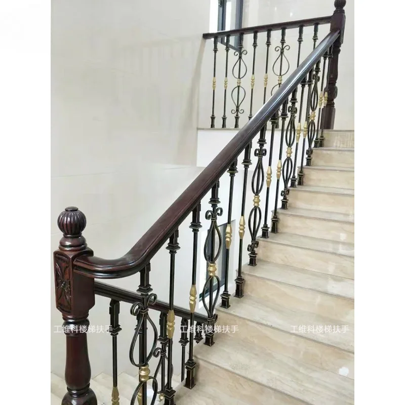 Barandilla de escalera de hierro forjado y madera maciza para interior, columna de barandilla para villa familiar, casa rural autoconstruida, barandilla de seguridad, estilo nuevo chino y europeo.