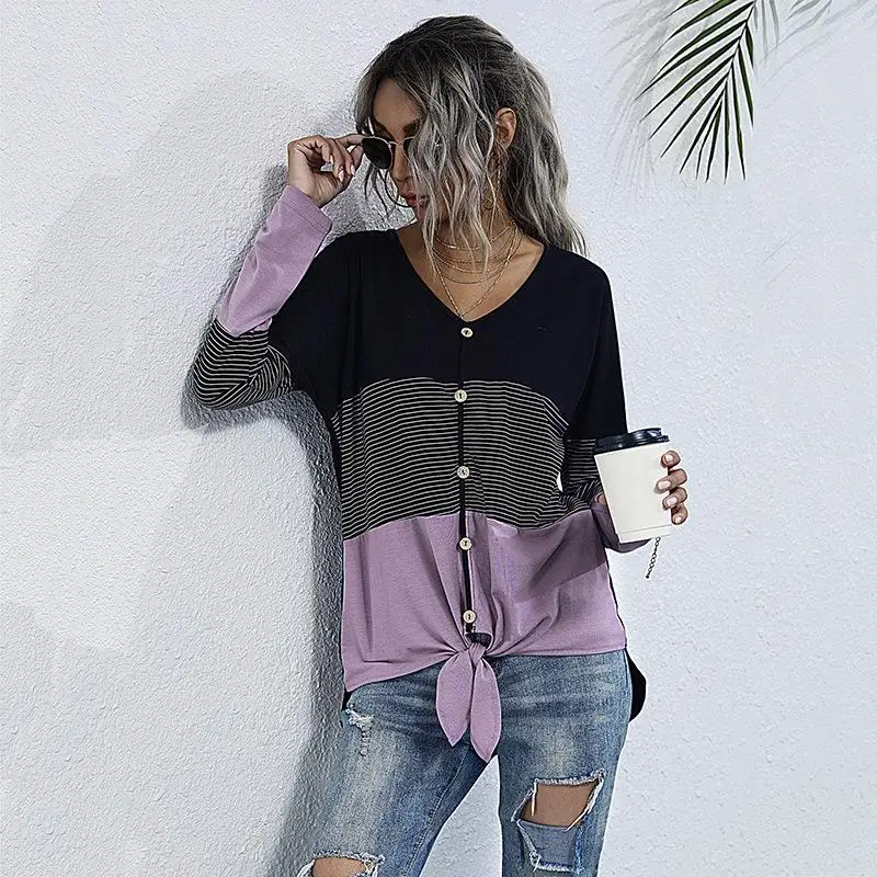 

Women's Long Sleeve Patchwork Striped Collar T-Shirt Casual Style Other Fabric Regular Sleeve Other Material Composition
