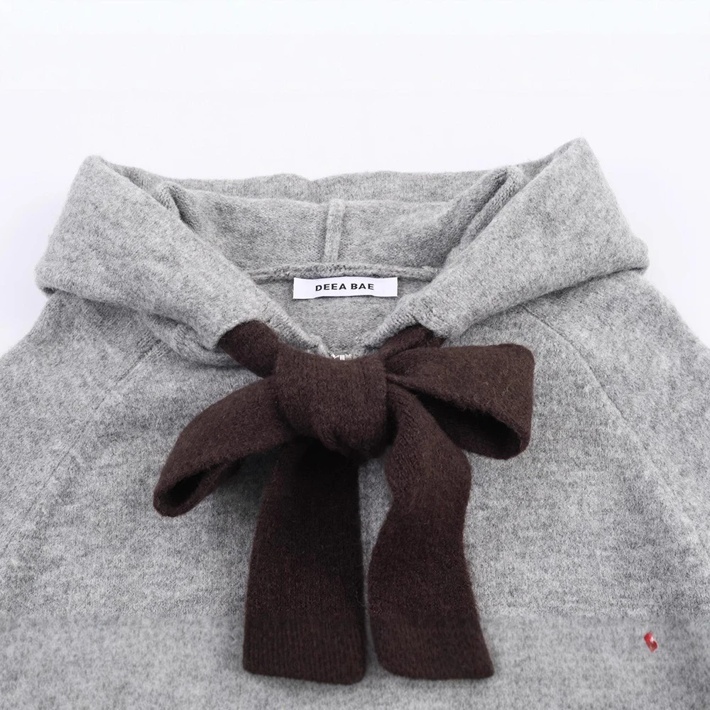 Otoño Invierno con capucha suéter de punto con lazo cárdigans mujer elegante temperamento suéteres de Color sólido cálido viaje Tops de punto