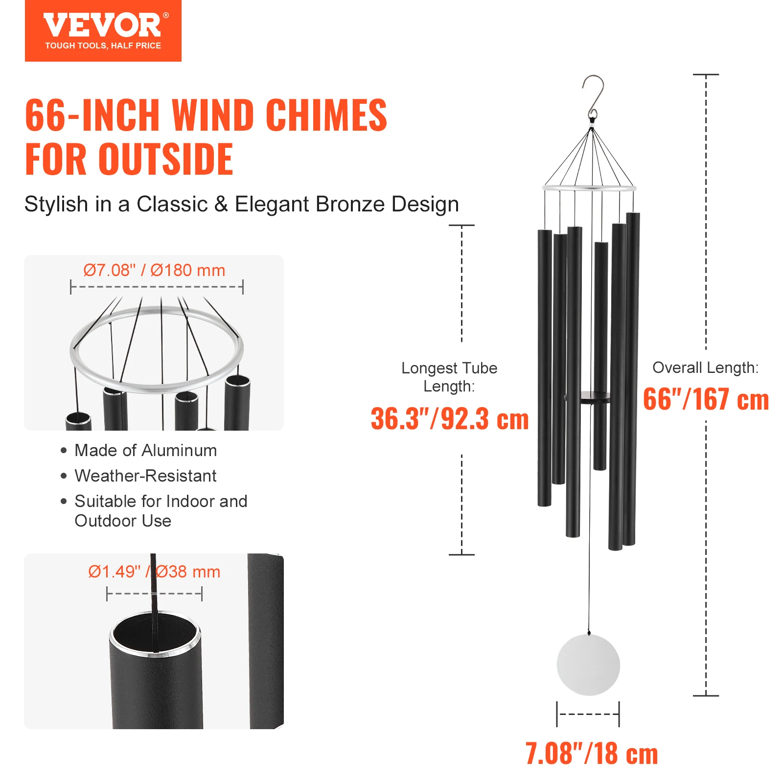 VEVOR Wind Chimes for Outside Deep Tone Unique Memorial Wind Chimes for Anniversary Amazing Outdoor Decor for Patio Porch Garden