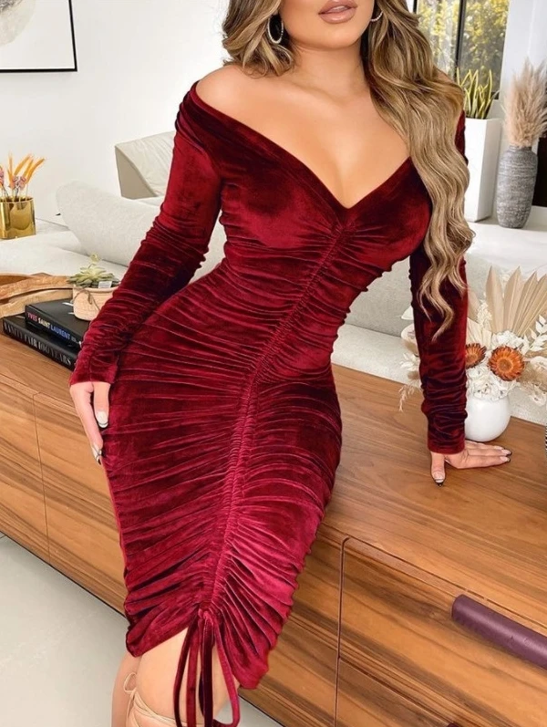 Elegant Dresses for Women 2023 Autumn Long Sleeve Tight V-Neck Waistband Golden Velvet Long Sleeve Sexy Party Night Out Dress