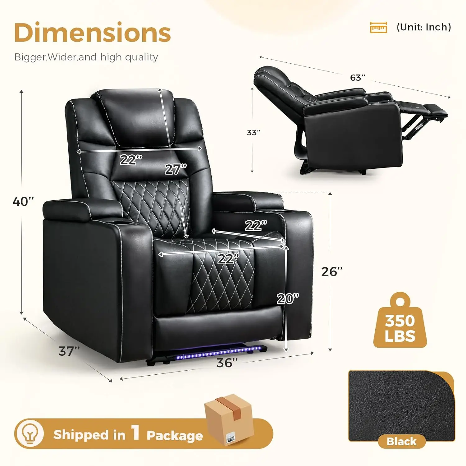 PU Leather Power Recliner with USB, Blue Light, Hidden Storage, Cup Holders for Home Theater, Customized