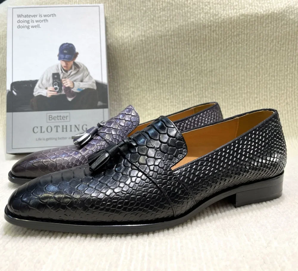 Men's Tassel Loafers Genuine Leather Gray Slip-on Snake Print Dress Shoes Spring Autumn Wedding Formal Shoes