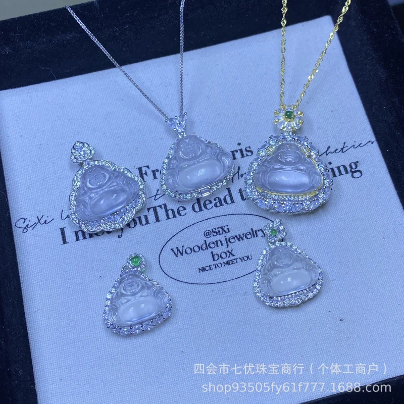 

S925 Silver Inlaid-Foam Natural Stone Rock Jade Buddha Statue Male Pendant Ornaments Accessories Necklace Zircon