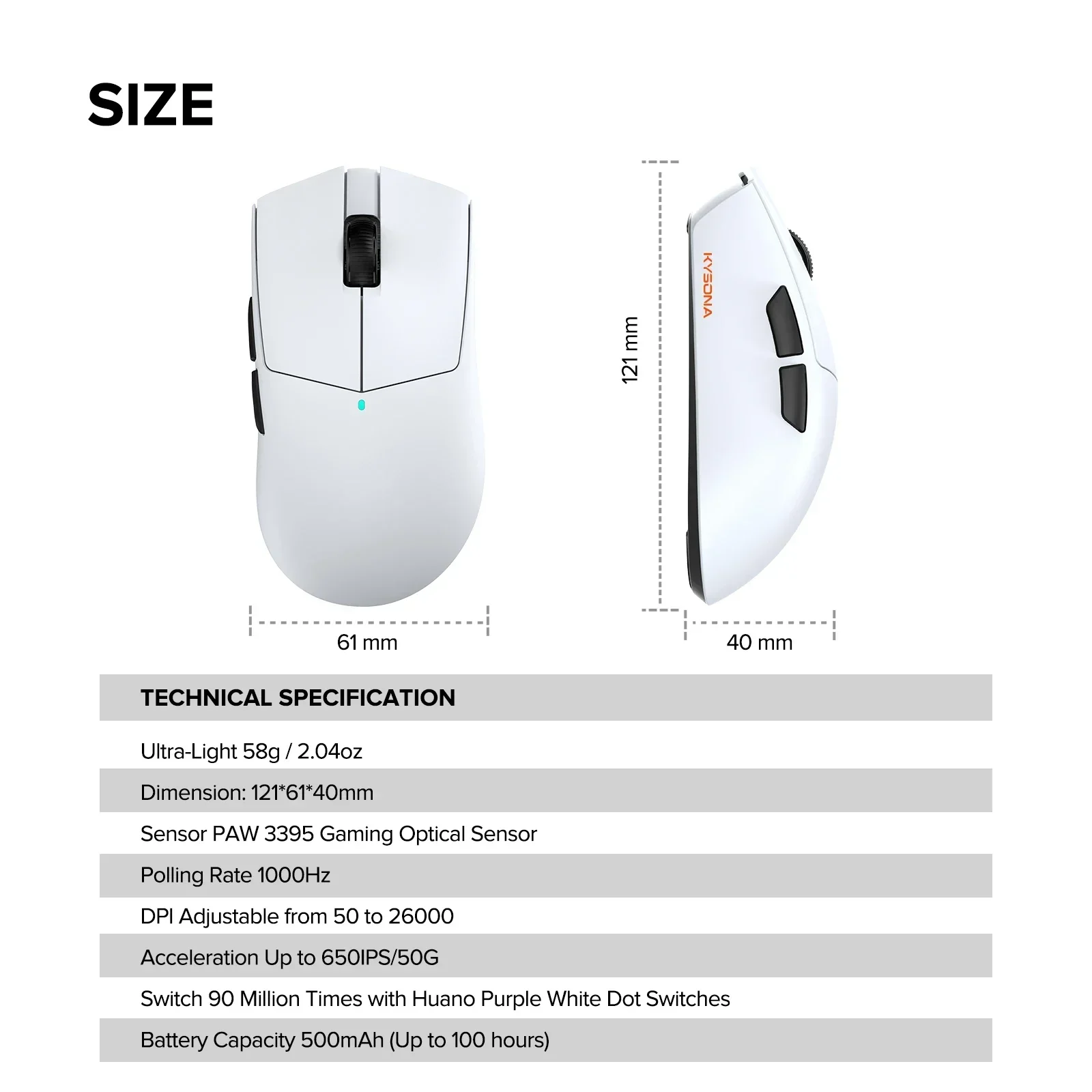 ماوس ألعاب Kysona M511 لاسلكي 58 جرام خفيف للغاية PAW3395 26000 ديسيبل متوحد الخواص وصلة ثلاثية الأوضاع كابل الكمون المنخفض ملحقات ماوس الألعاب