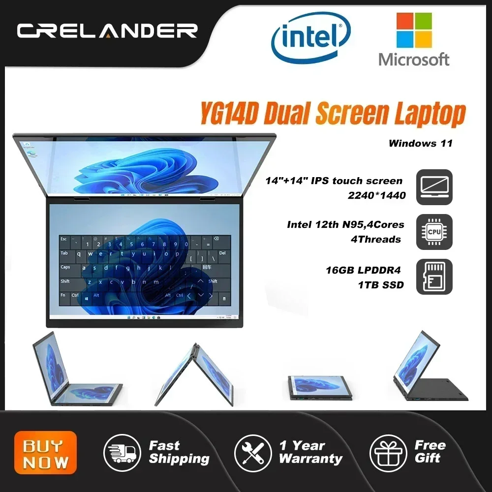 CRELANDER-Laptop com Dual Touch Screen, Mini computador PC com caligrafia, 14 polegadas, 10,5 polegadas, Intel 12th Gen, Processador N95, M2, SSD 2K, N95