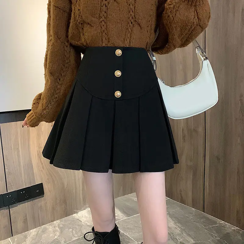 Woolen Skirt Thickened Single-Breasted Autumn And Winter Women'S New Solid Color A-Line Fake Pocket Versatile Pleated Skirt