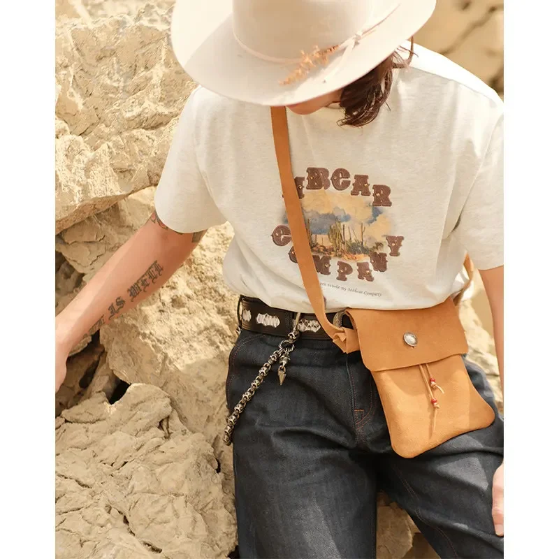 Retro Suede Split Leather Crossbody Bag for Men Handmade Native American Style Pouch Khaki Casual Shoulder Phone Bag for Daily