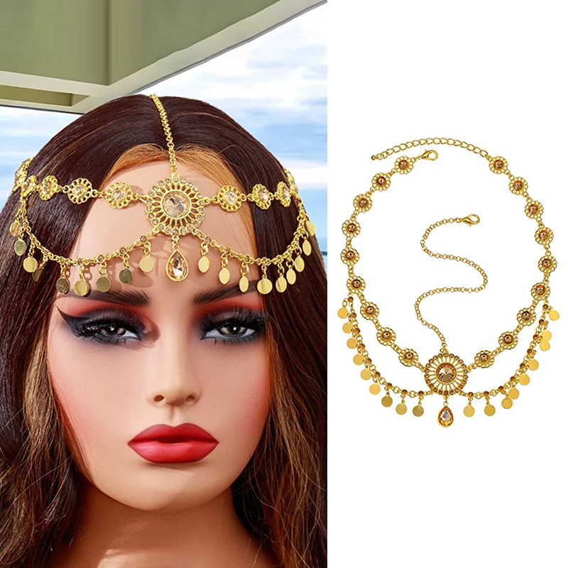 سلسلة رأس هندية للنساء عملات ذهبية اللون عربية شرابة الزفاف حجر الراين غطاء الرأس اكسسوارات الزفاف