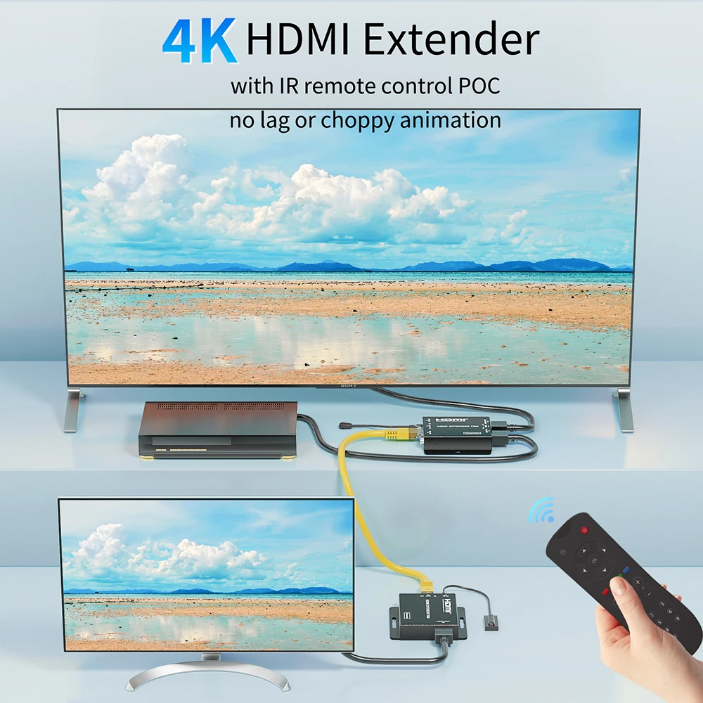 4K HDMI extender over Cat6/7 cable up to 70M 230ft HDMI 4K extender with IR and HDMI Loop out for HDTV apple TV PS4 PC