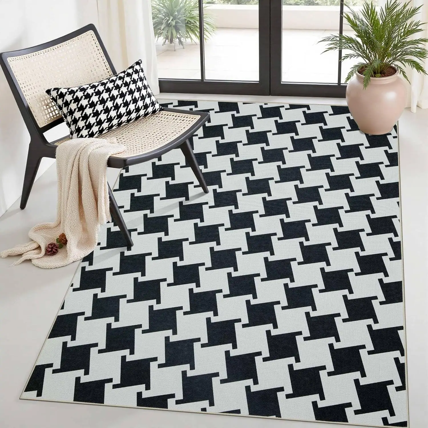 Checkered Easy Jute Rug,Entryway Rug for Living Room Washable Area Rug,Black Indoor Outdoor Farmhouse Geometric Diamond Non Slip